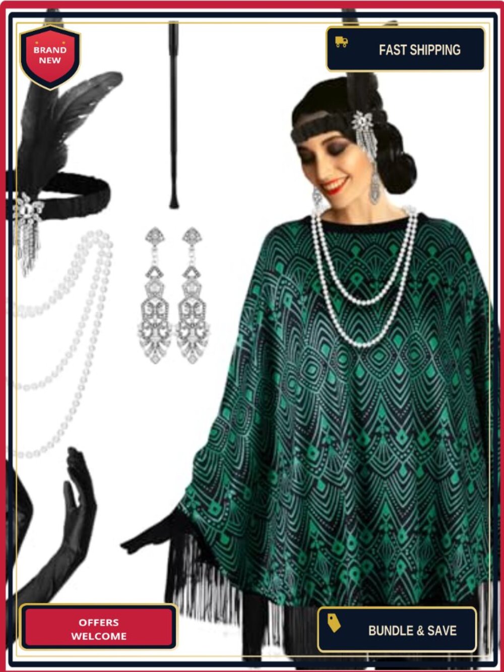 1920s Flapper Costume Accessories Set with Poncho Headband Necklace Gloves